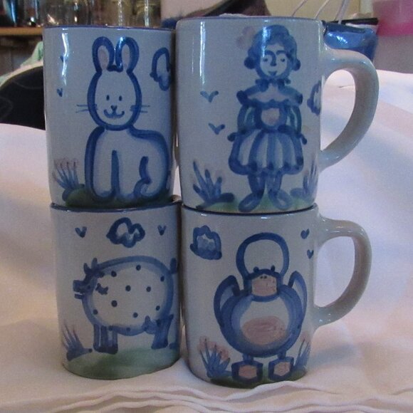 Vintage MA Hadley Pottery Set of 4 Mugs - Duck Pig Bunny & Farmers Wife -The End - Picture 1 of 13